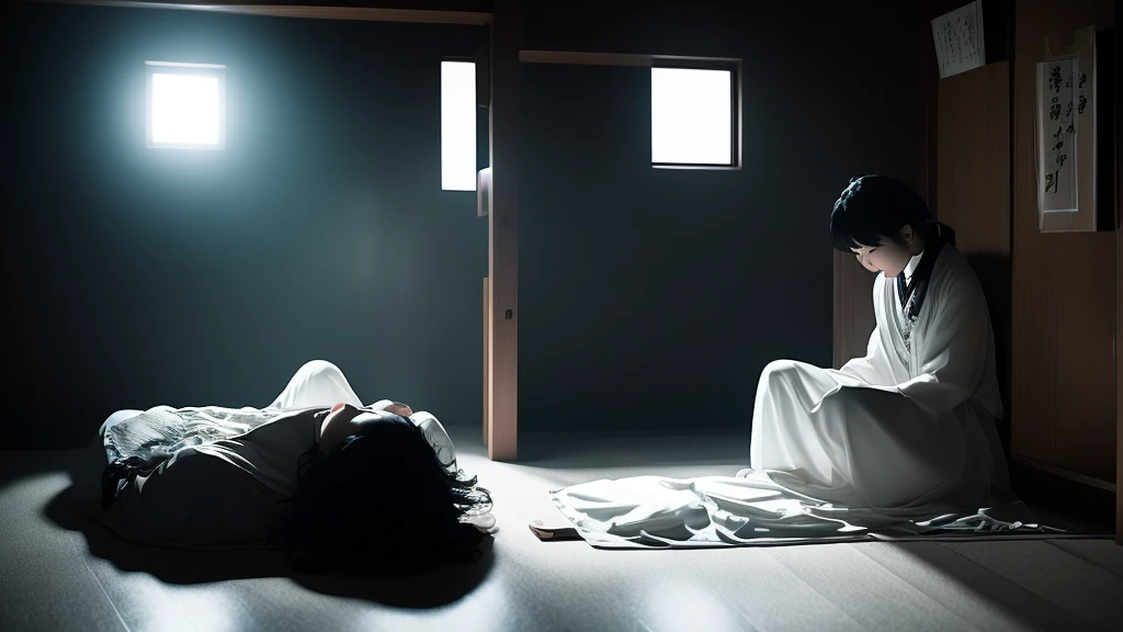 It was a ghost of the woman without a lower part of the body that appeared from darkness.
へは