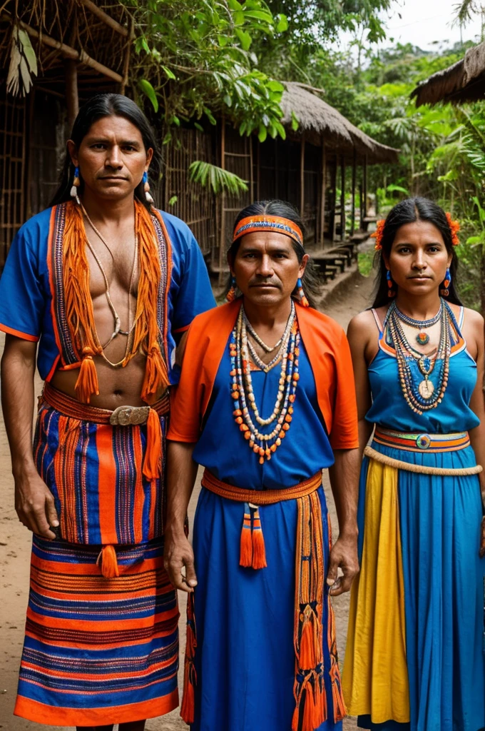 Indigenous men and women in Tazumal El Salvador dressed in blue and orange
