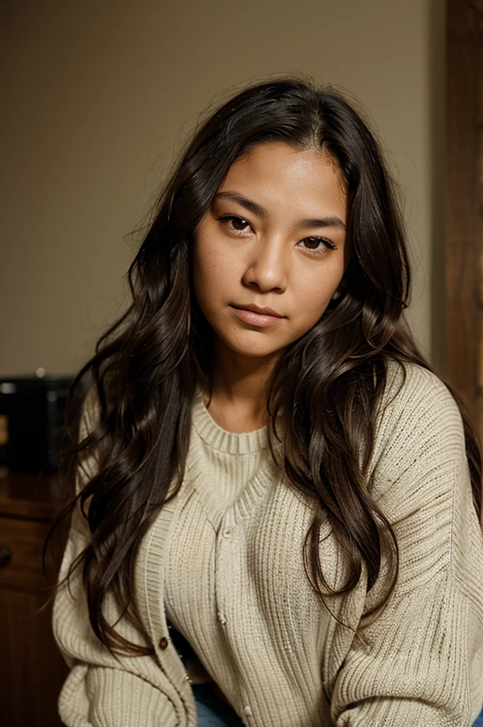 a young busty native american lady with squinting upturned eyes and long wavy hair wearing a sweater