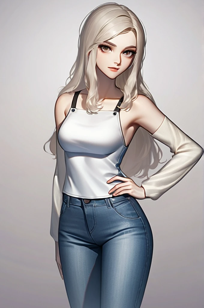 ((Лучшее качество)), ((шедевр)), (подробный), the girl has a slender body, long ashen hair to her hips, dressed in jeans, bare breasts.
