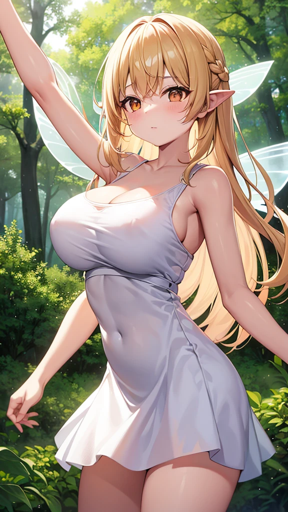 Showing the whole body, cute, baby face, big breasts, flying in the sky, in the forest, simple white dress, long hair, alone, short, fairy wings, honey blonde hair, orange eyes, flying