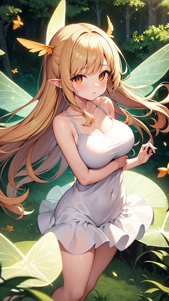 Showing the whole body, cute, , big breasts, flying in the sky, in the forest, simple white dress, long hair, alone, short, fairy wings, honey blonde hair, orange eyes, flying