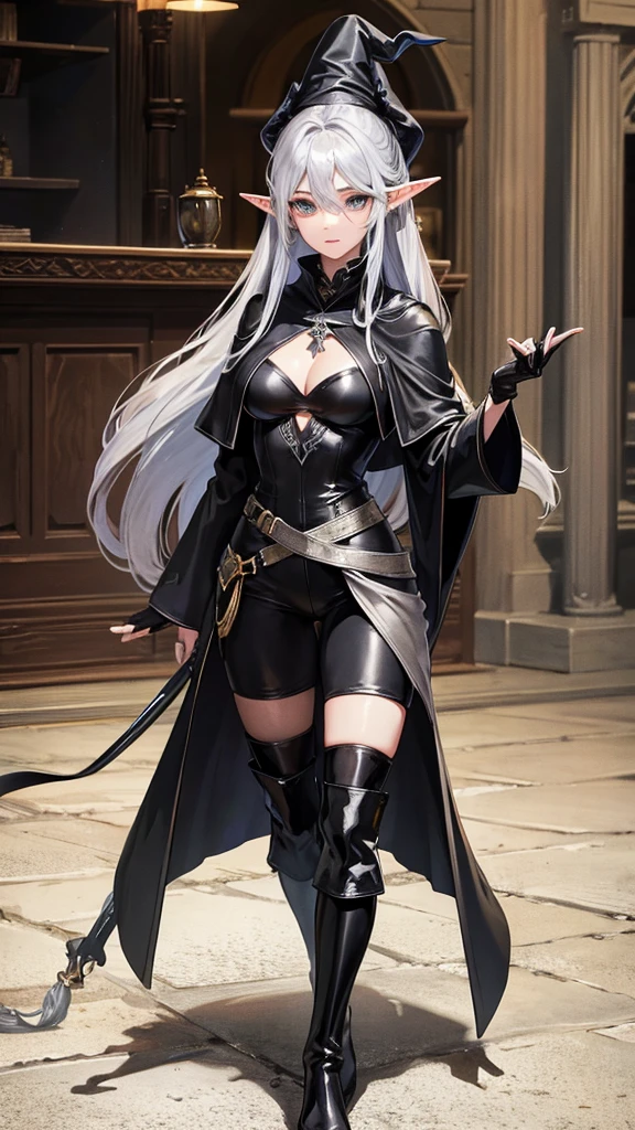 medieval setting, full view of body, 1 female elf mage,beatiful smokey eyes, silver hair, black mage robe with gambeson, wizard hat, black leather pants, leather boots