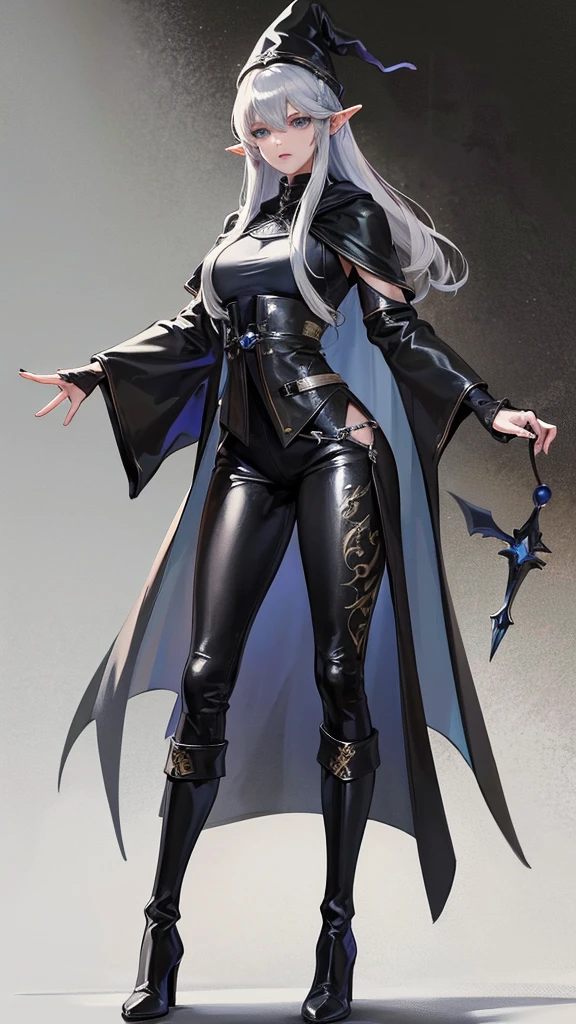 medieval setting, full view of body, 1 female elf mage,beatiful smokey eyes, silver hair, black mage robe with gambeson, wizard hat, black leather pants, leather boots