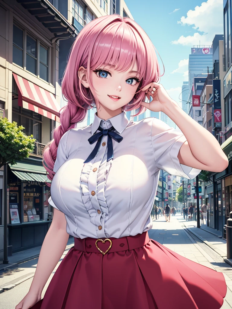 best image quality, masterpiece, ultra detailed, exquisite, cowboy shot, high quality, Beautiful art, One Girl, looking at viewers, hand in own hair, ((18 years old, Big Breasts, Giant bust:1.2)), fair skin, beautiful skin, Detailed teeth, Light green eye rest, beautiful eyes, twinkle(in the eyes), Pink Hair, Pink French Braid, thin, smile, Heartily laugh, Fashionable clothes、(white ruffled blouse:1.1)、White collared shirt, (dark blue skirt), (Short sleeve shirt:1.1),from above, shibuya, In city,