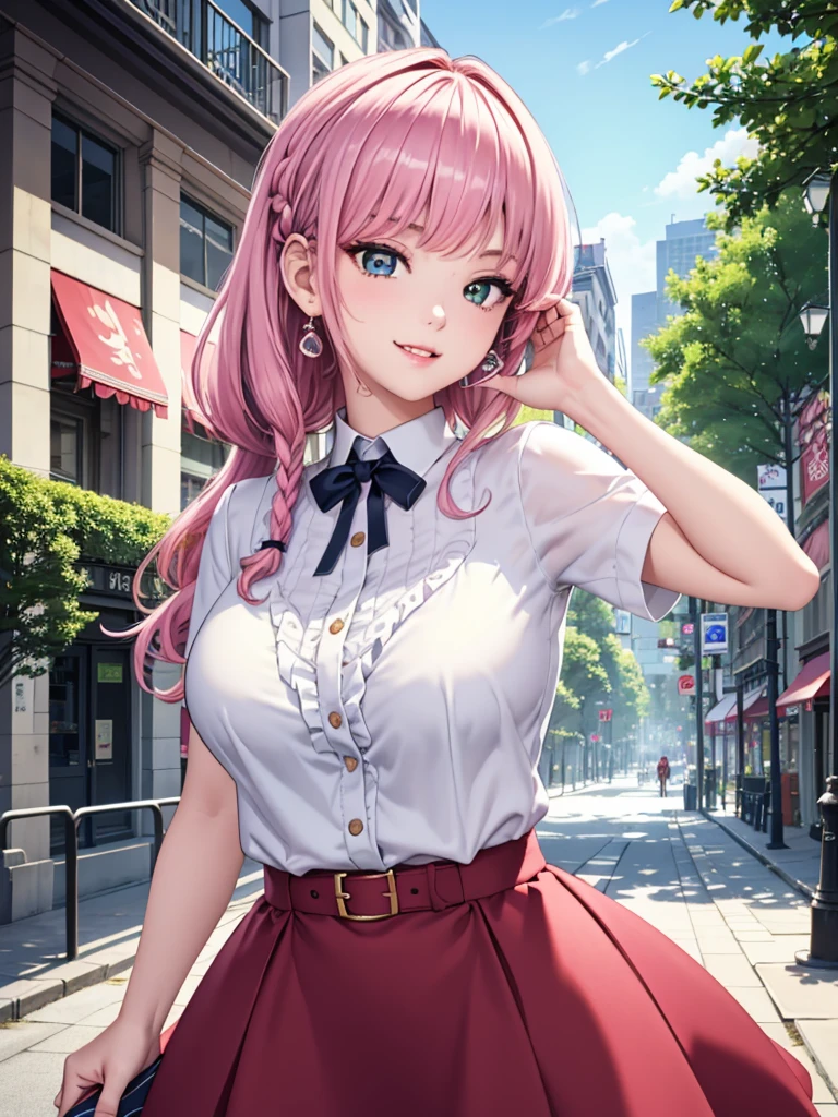 best image quality, masterpiece, ultra detailed, exquisite, cowboy shot, high quality, Beautiful art, One Girl, looking at viewers, hand in own hair, ((18 years old, Big Breasts, Giant bust:1.2)), fair skin, beautiful skin, Detailed teeth, Light green eye rest, beautiful eyes, twinkle(in the eyes), Pink Hair, Pink French Braid, thin, smile, Heartily laugh, Fashionable clothes、(white ruffled blouse:1.1)、White collared shirt, (dark blue skirt), (Short sleeve shirt:1.1),from above, shibuya, In city,