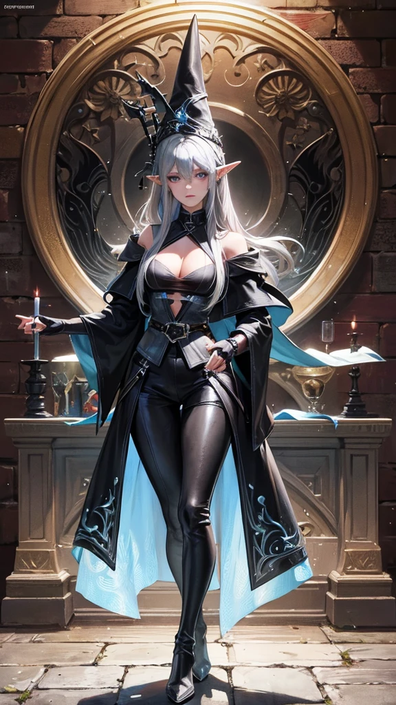 medieval setting, full view of body, 1 female elf mage,beatiful smokey eyes, silver hair, black mage robe with gambeson, wizard hat, black leather pants, leather boots