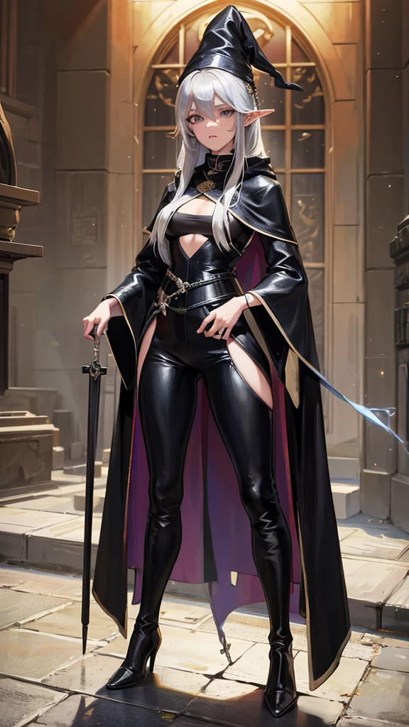 medieval setting, full view of body, 1 female elf mage,beatiful smokey eyes, silver hair, black mage robe with gambeson, wizard hat, black leather pants, leather boots