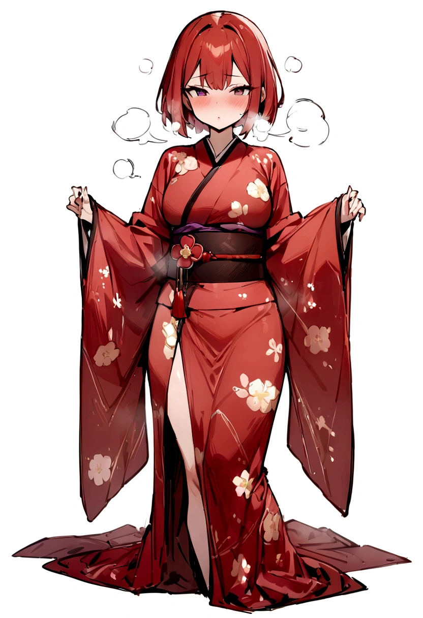 (masterpiece, best quality:1.2), 1girl, 独奏,Short bob with a front drop、Plum blossom、Plum family crest、Red kimono、Red Hair、Bob with a Falling Front、Plum motif accessories、Plum pattern、White background、whole body、breath,breath
