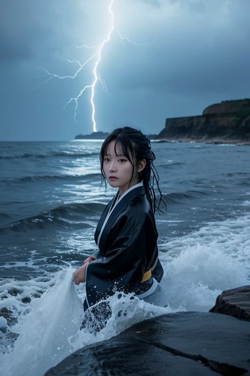 character: Lady(Wet woman) Appearance: 長いblack髪、White Face、Dark Eyes、Wearing wet kimono。Looks totally wet。 posture: The action of trying to drag someone into a river or the sea。Reaching out。 expression: scared、または悲しいexpression。 background:place: Stormy seaside at night。 weather: Dark Sky、嵐が近づいているようなatmosphere。Includes depictions of thunder and strong winds。 detailed: The waves crash violently、Droplets are flying up。Rocks and seaweed can be seen on the shore.。 atmosphere: Horror、mysterious、Creepy。 color:character: 白とblackを基調に、Wet areas have a bluish reflection。 background: Dark blue、black、Focus on grey、Some parts have yellow and white lightning.。 Light and shadow: character: The moonlight is faintly shining、Mainly in the shadows。 background: The white splashes of the waves and the lightning flashes shine in the darkness.。
