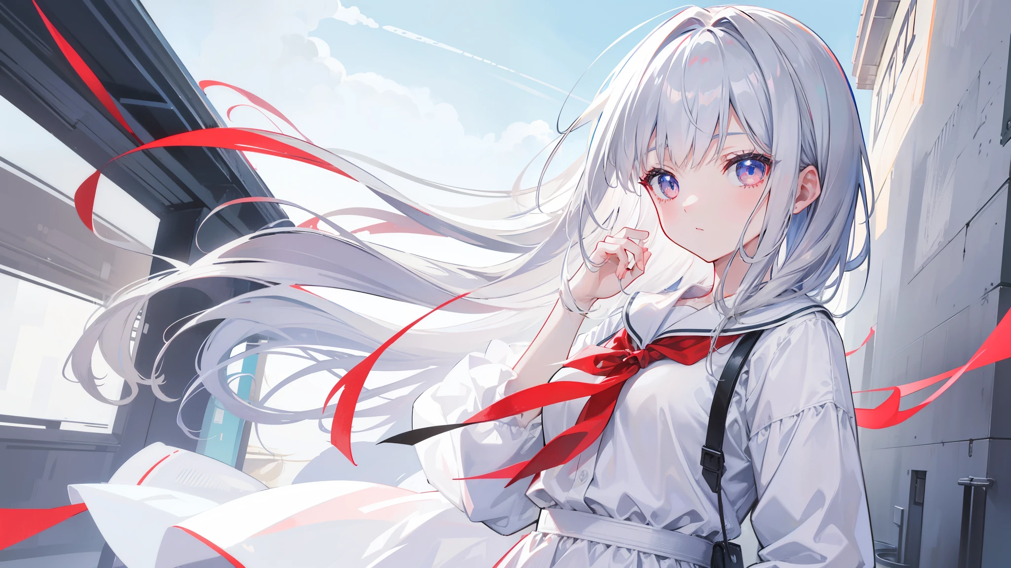 4K, Highest quality, Female student, Gray Hair, Medium length hair, Red colored eyes, Sky blue shirt, White Dress，Anime Big ,Don&#39;Don&#39;t show your hands