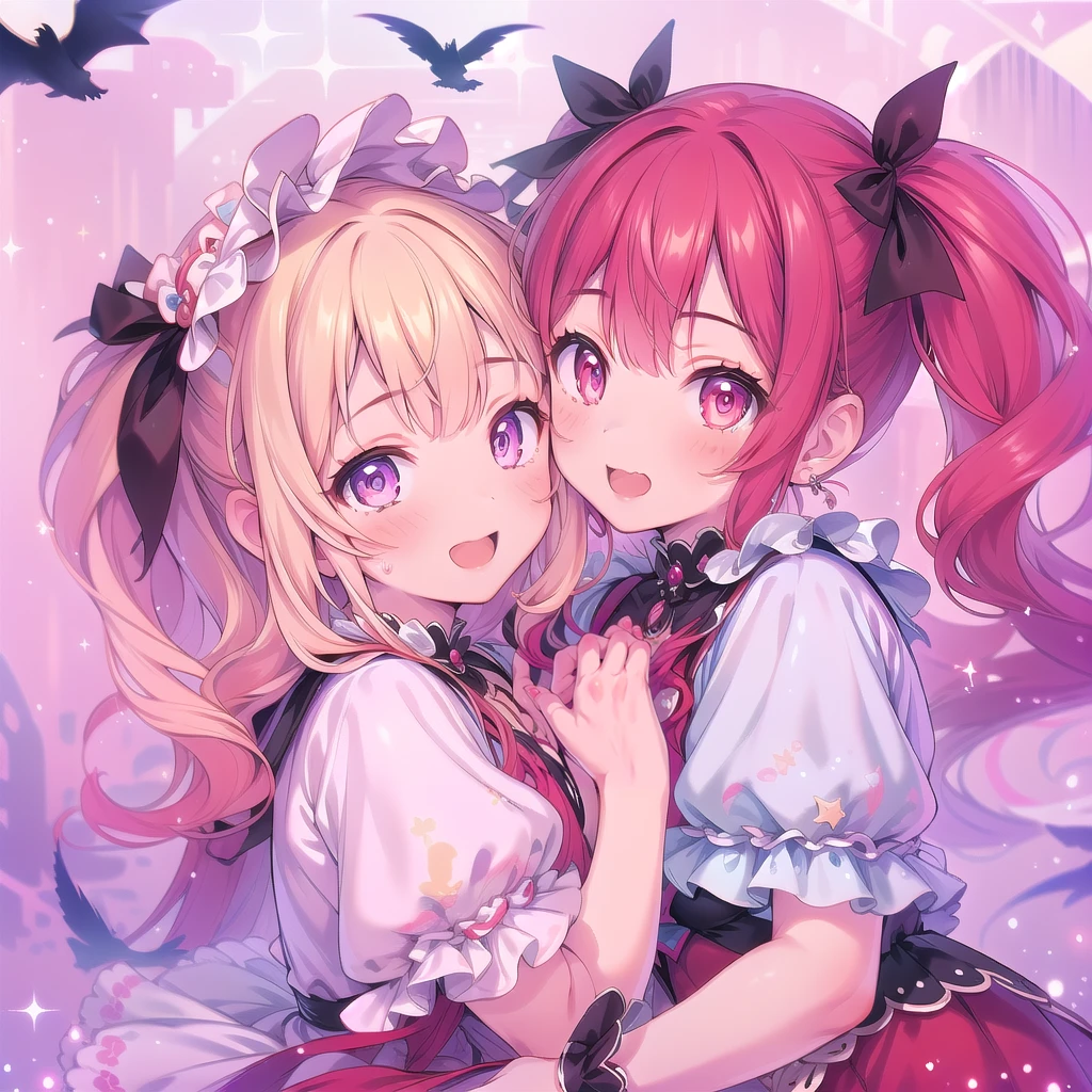 (masterpiece:1.2), best quality, high resolution, extremely detailed CG, absurdres, highres, 2girls, two girls hugs together , frills, kawaii, happy, dreamland, details background,good hands, best hands
