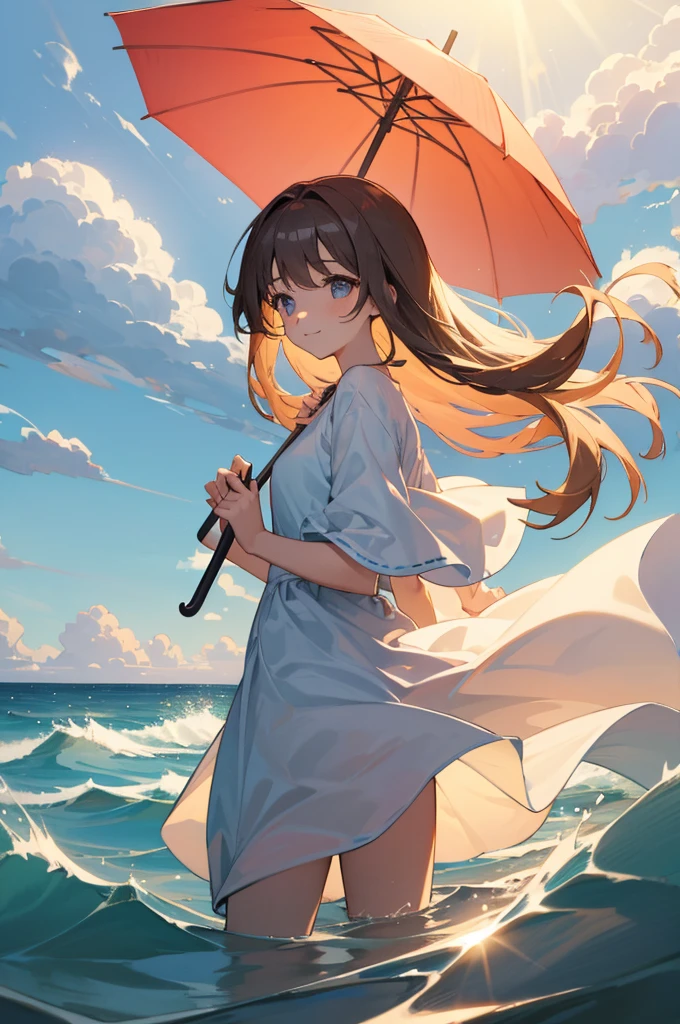 masterpiece, highres, beautiful landscape, high detailed, 1 girl, mid-ground character, beach, studio light, depth of field. The girl stands on the beach with her colorful umbrella, looks at viewer with a smile. She wears a white beautiful dress, holds a umbrella, her hair blows in the wind. The landscape is peaceful and serene. Mildly clouds, floating clouds, light clouds, billowing clouds. The sunlight glistens on the surface of the sea. The waves of the sea gently lap against the shore, creating a serene and soothing sound.