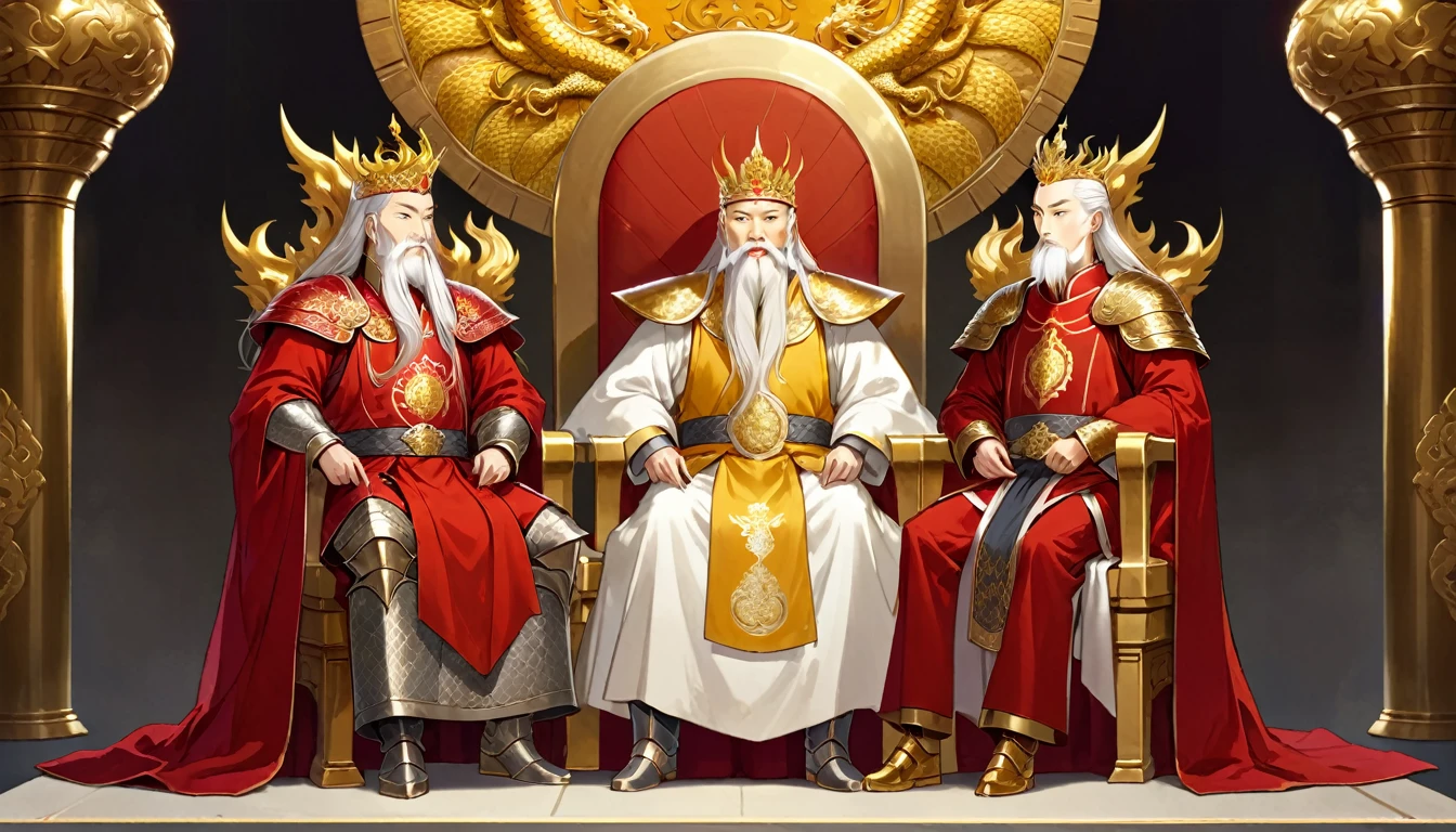 two men,1 An old emperor named John,Tall, Square face.Silver long hair，Wearing a golden crown, Thick eyebrows,Long white beard.,Pale complexion, Wearing a gorgeous golden robe，Embroidered with dragon pattern.;1 A young general named Ken,Burly figure,Long face, Blonde short hair，Thick eyebrows，Short whiskers，Healthy bronze,Wearing a red armor，Symbol with sun，There is a golden sword on the waist; John is sitting majestically on a glittering throne。Ken stands in front of the throne,Looks like he&#39;s protecting the man sitting on the throne，There was an air of respect and loyalty between the two.。