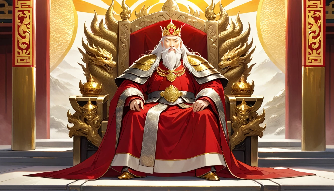 two men,1 An old emperor named ,Tall, Square face.Silver long hair，Wearing a golden crown, Thick eyebrows,Long white beard.,Pale complexion, Wearing a gorgeous golden robe，Embroidered with dragon pattern.;1 A young general named Ken,Burly figure,Long face, Blonde short hair，Thick eyebrows，Short whiskers，Healthy bronze,Wearing a red armor，Symbol with sun，There is a golden sword on the waist; Johnsitting majestically on a glittering throne。Ken stands in front of the throne,Looks like he&#39;s protecting the man sitting on the throne，There was an air of respect and loyalty between  two.。