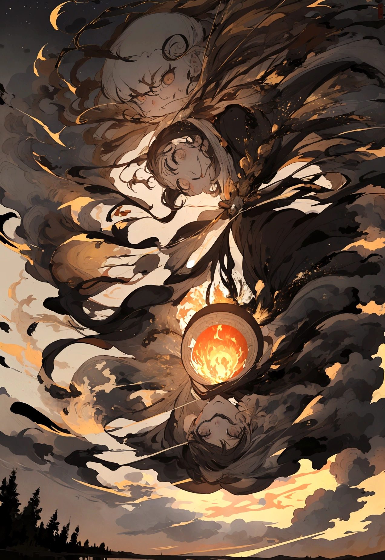 In the night sky, a man's severed head is flying across the surface of the river at an incredible speed.。The severed head's hairstyle is a topknot。Flames are flickering around the severed head like wheels.。The severed head has a pale, blank look on its face.。Set the background to a tranquil rural landscape with a dark night sky。