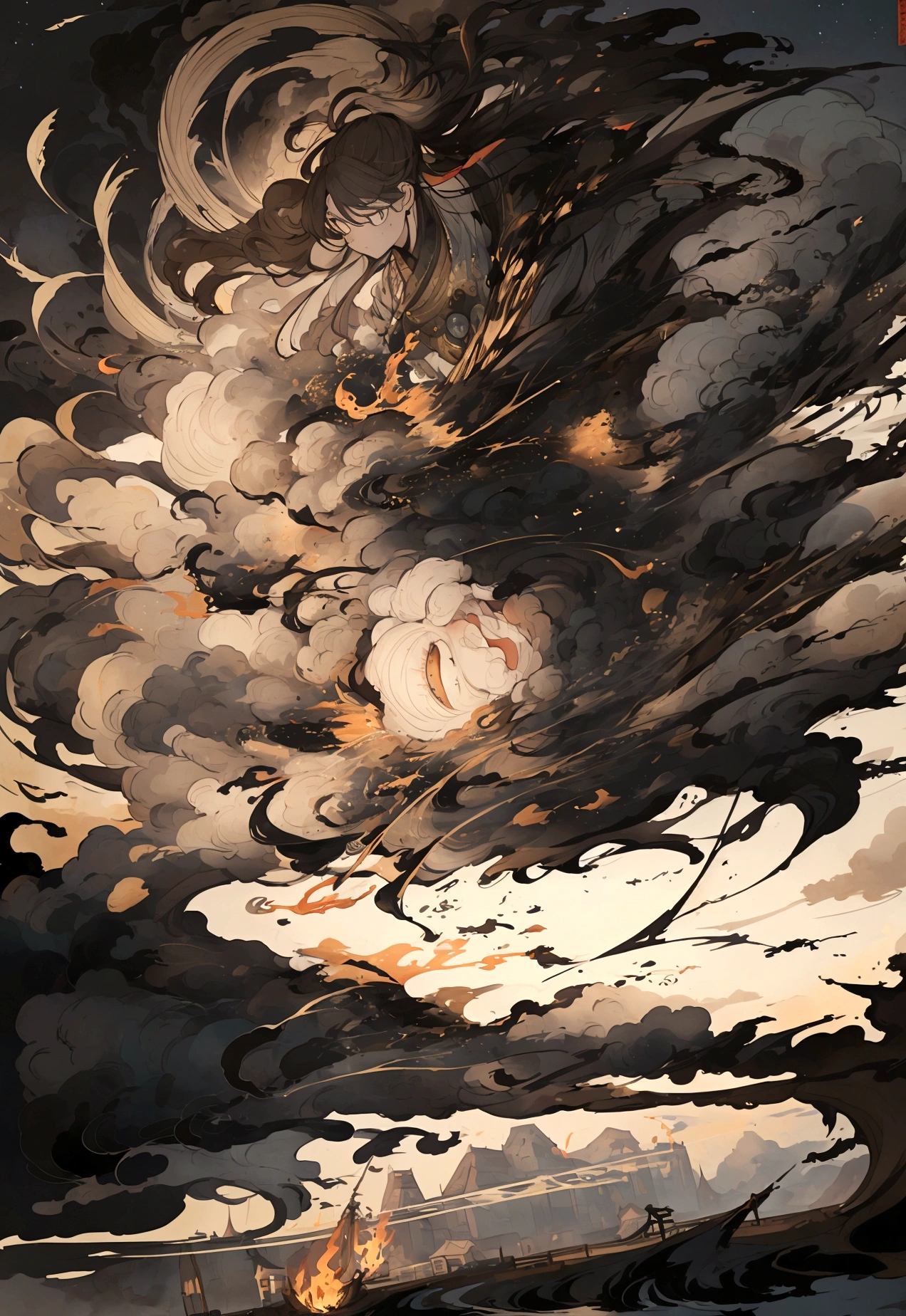 In the night sky, a man's severed head is flying across the surface of the river at an incredible speed.。The severed head's hairstyle is a topknot。Flames are flickering around the severed head like wheels.。The severed head has a pale, blank look on its face.。Set the background to a tranquil rural landscape with a dark night sky。