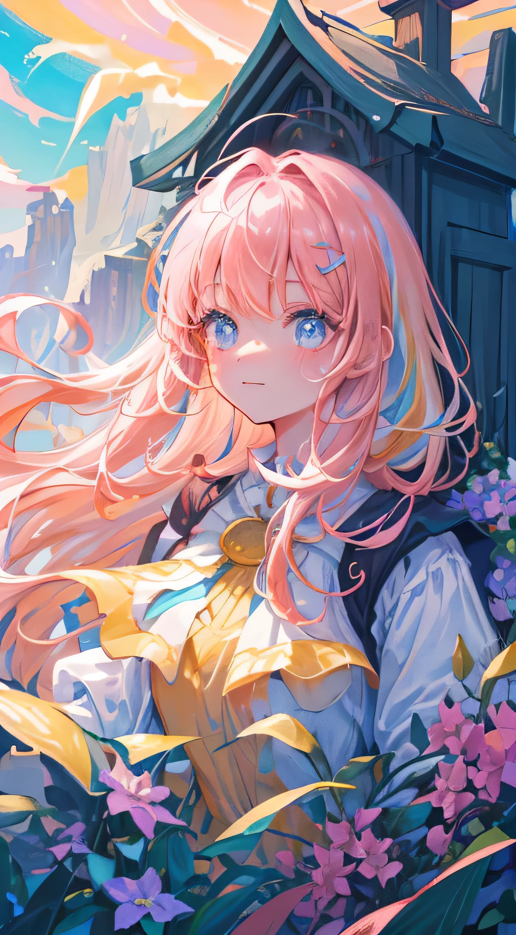 a girl exploring a magic world, adventure, magic, fantasy, impossible, Lovely, Happy, close up, landscape, rich and colorful, rest (masterpiece, best quality, wallpaper, 4K, Gorgeous, complex), Mountains, particle, Odd flowers, Happyness, surprised, surprise, curious, Perfect face, Luminescence, Treasure, nature, Pink Hair
