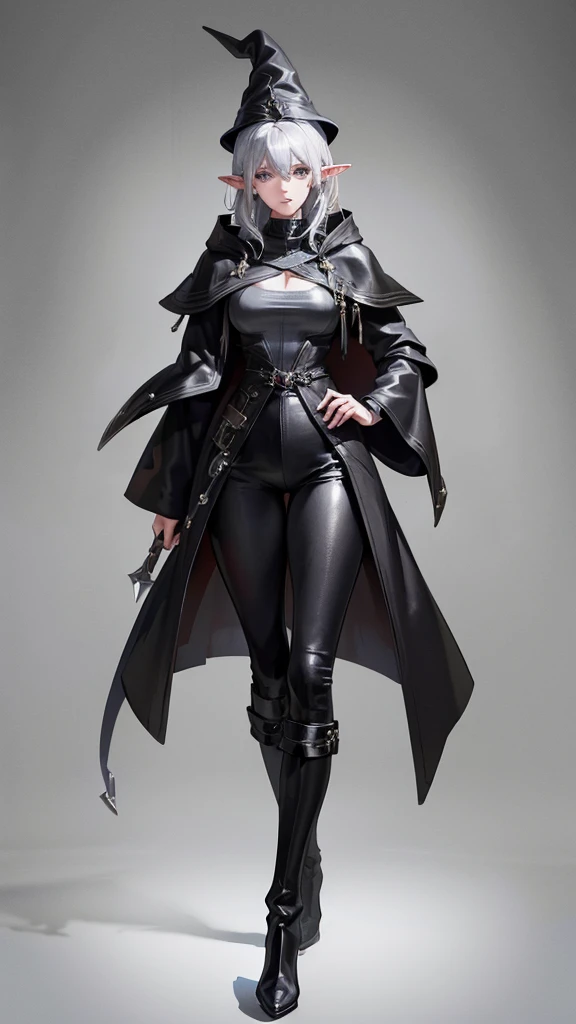 medieval setting, full view of body, 1 female elf mage,beatiful smokey eyes, silver hair, black mage robe with gambeson, wizard hat, black leather pants, leather boots