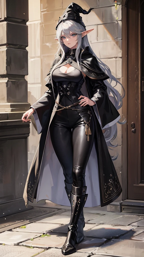 medieval setting, full view of body, 1 female elf mage,beatiful smokey eyes, silver hair, black mage robe with gambeson, wizard hat, black leather pants, leather boots