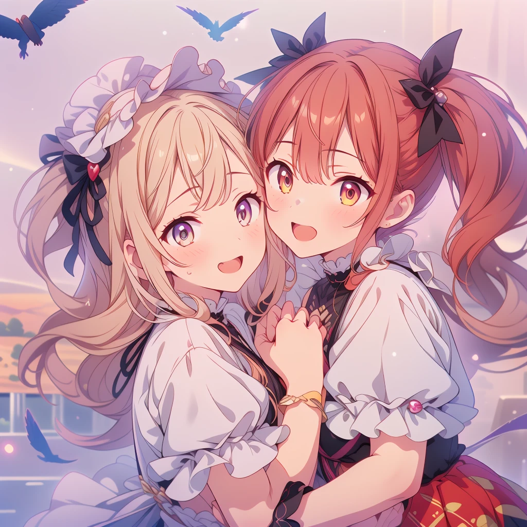 (masterpiece:1.2), best quality, high resolution, extremely detailed CG, absurdres, highres, 2girls, two girls hugs together , frills, kawaii, happy, dreamland, details background,good hands, best hands