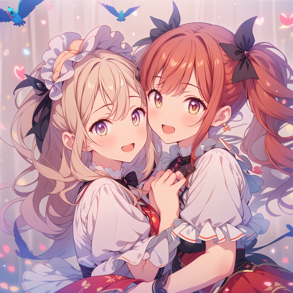 (masterpiece:1.2), best quality, high resolution, extremely detailed CG, absurdres, highres, 2girls, two girls hugs together , frills, kawaii, happy, dreamland, details background,good hands, best hands