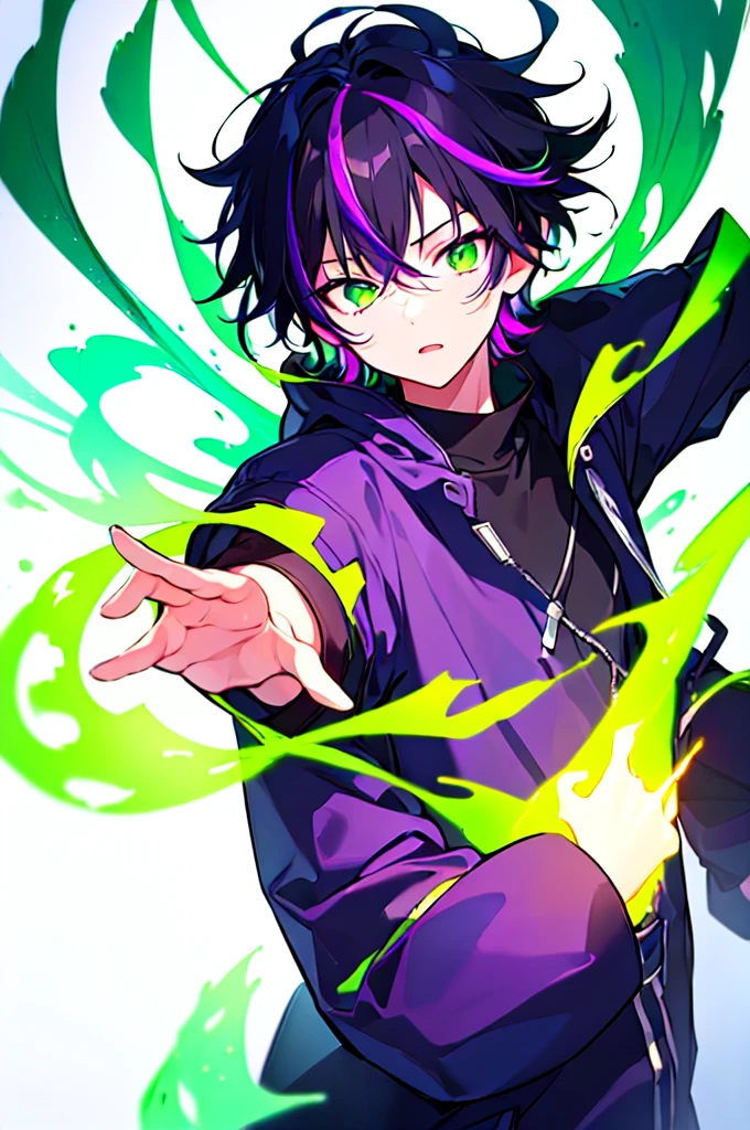 [(WHITE BACKGROUND:1.5),::5], ((((masterpiece)))), high quality, ultra very high resolution, full color, (((solo))), (()), black hair, ((purple streaked hair)), (green eyes), anime, ((upper body)), neon light, black parka, (green flame effect:1.2)