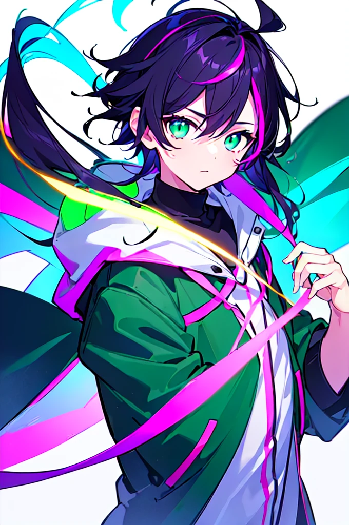 [(WHITE BACKGROUND:1.5),::5], ((((masterpiece)))), high quality, ultra very high resolution, full color, (((solo))), ((little boy)), black hair, ((purple streaked hair)), (green eyes), anime, ((upper body)), neon light, black parka, (green flame effect:1.2)