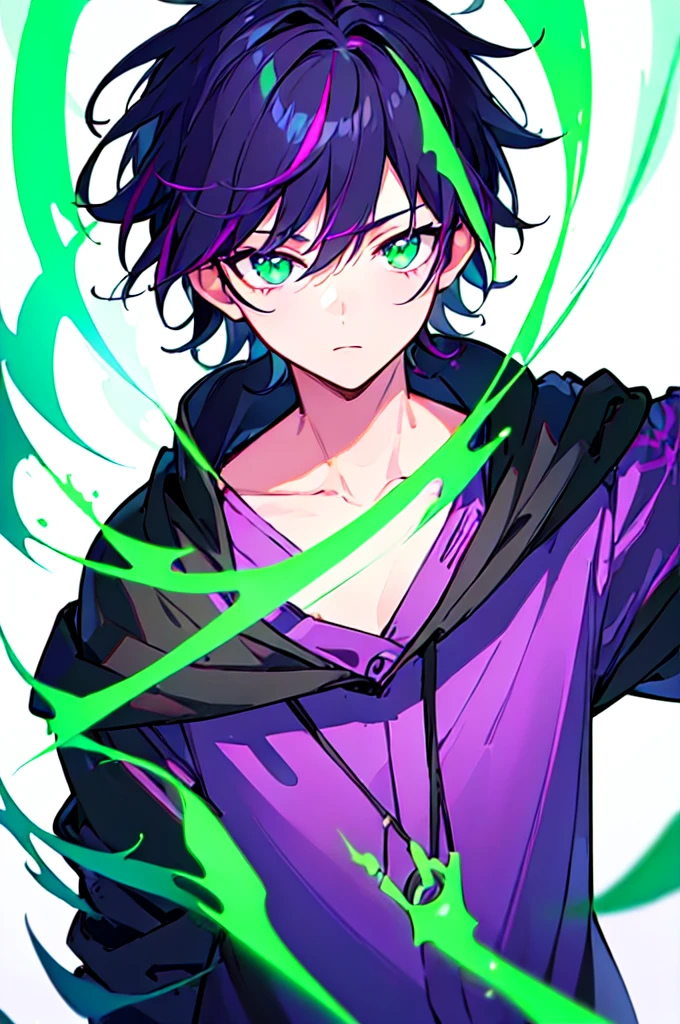 [(WHITE BACKGROUND:1.5),::5], ((((masterpiece)))), high quality, ultra very high resolution, full color, (((solo))), (()), black hair, ((purple streaked hair)), (green eyes), anime, ((upper body)), neon light, black parka, (green flame effect:1.2)