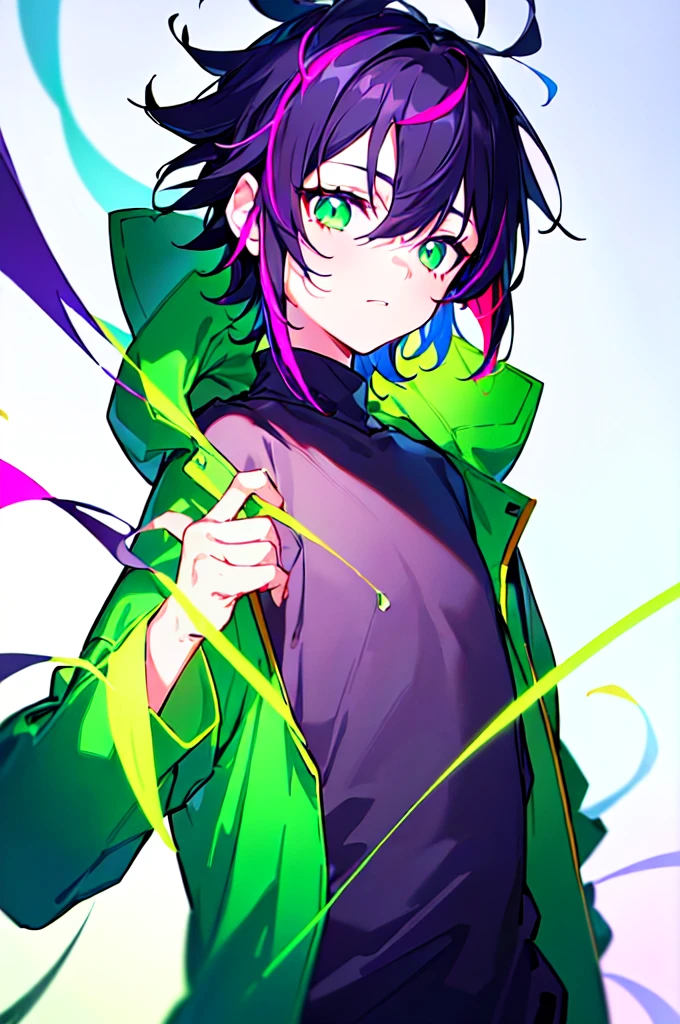 [(WHITE BACKGROUND:1.5),::5], ((((masterpiece)))), high quality, ultra very high resolution, full color, (((solo))), (()), black hair, ((purple streaked hair)), (green eyes), anime, ((upper body)), neon light, black parka, (green flame effect:1.2)