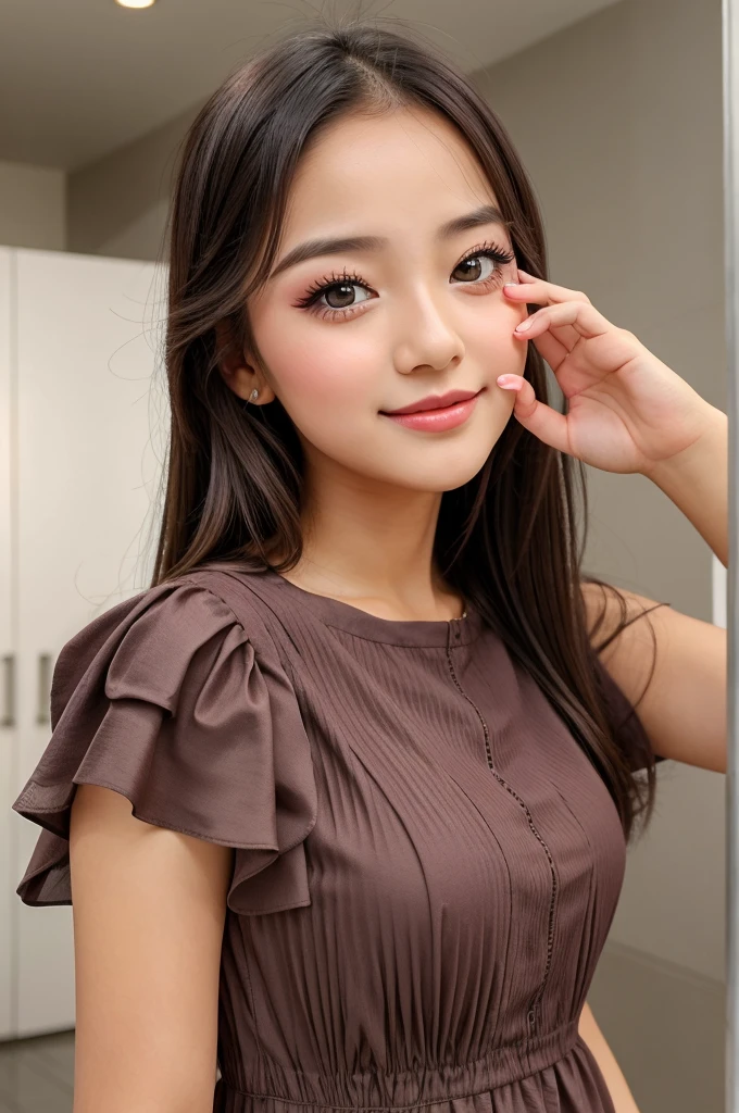 A cute girl giving flying kiss and wearing cute dress,chte face,realistic,blushing makeup,and she is shy