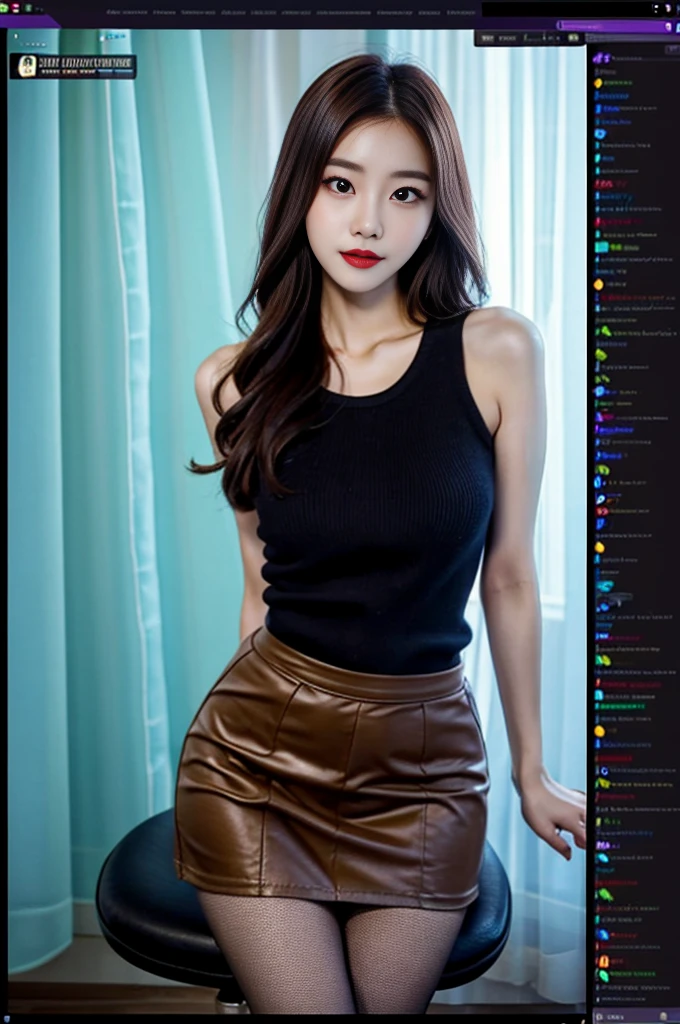 (Bird-eye perspective : 1.5), (((SFW : 1.2))), (intricate details:1.2), (masterpiece:1.3), (top quality:1.4), (Ultra A high resolution:1.2), 8K resolution, dark, (high quality), A woman is filming a Twitch broadcast, she is look happy, korean, 23 years old, fairly slim body, femme fatale makeup, slim waist, her legs is slim and beautiful, fan service, hair turned to one side, hair bang, she being weared sleeveless knit and mini skirt, wearing pantyhose in the skirt, this scene is Personal broadcast interface screen, BJ, female's Cam, on a private broadcast., Shooting equipment, various props, a Girl's Room for personal photography purposes, being sexy pose and dancing on the chair, cowboy shot, her gaze looking downward, she is talking funny with you, daincing, both elbow and arms up, shake the hip, she makes interesting reaction poses herself, microphone on a desk, Chat communication with viewers, Show chat log, Show viewers list, twitchchat, blackout curtain installed background, indirect light, language is Korean, 화면에 이 영상의 조회수가 올라가고 있습니다, 그녀의 영상에 열광하는 시청자들은 그녀에게 온라인 후원을 하며 그녀에게 채팅을 요구합니다.