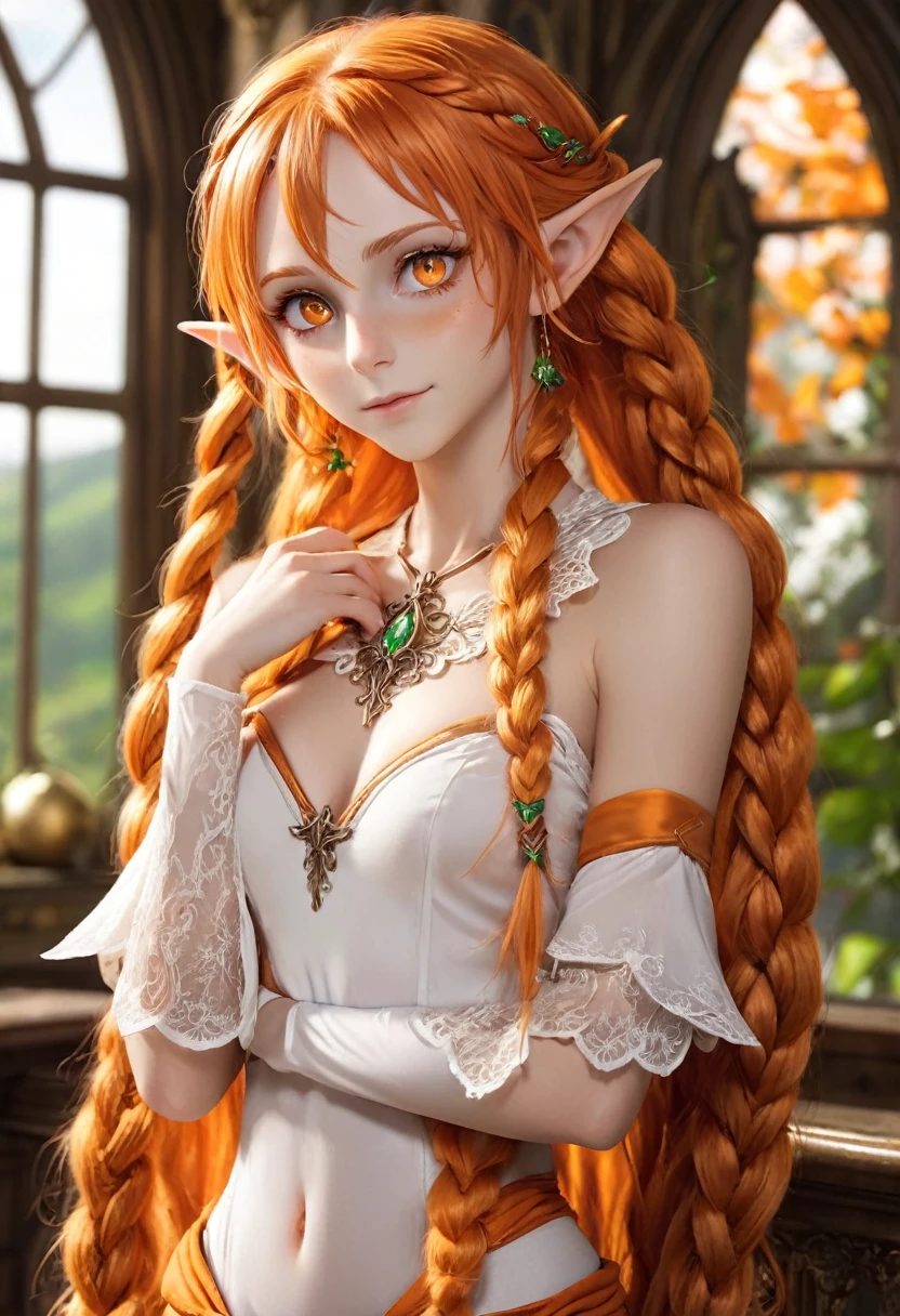 cute elf, ((anime elf with extremely cute and beautiful orange hair)), (((elf))), (((elf ears))), (((flat chest))), ((((orange hair:1.35,messy orange hair, long hair, huge braids, colored inner hair)))),(((orange_eyes:1.3))) ,intricate eyes, beautiful detailed eyes,symmetrical eyes, (((lustrous skin:1.5,bright skin: 1.5,skin tanned,shiny skin,very shiny skin,illuminated skin))),(detailed body,(detailed face)), cute, slutty, erotic ,daring,(((nsfw))),
(dynamic pose:1.0),embarrassed,(centered,scale to fit dimensions,Rule of thirds),
inside,indoor,((cozy gothic room)),scenery:1.25,((intricate scenery))