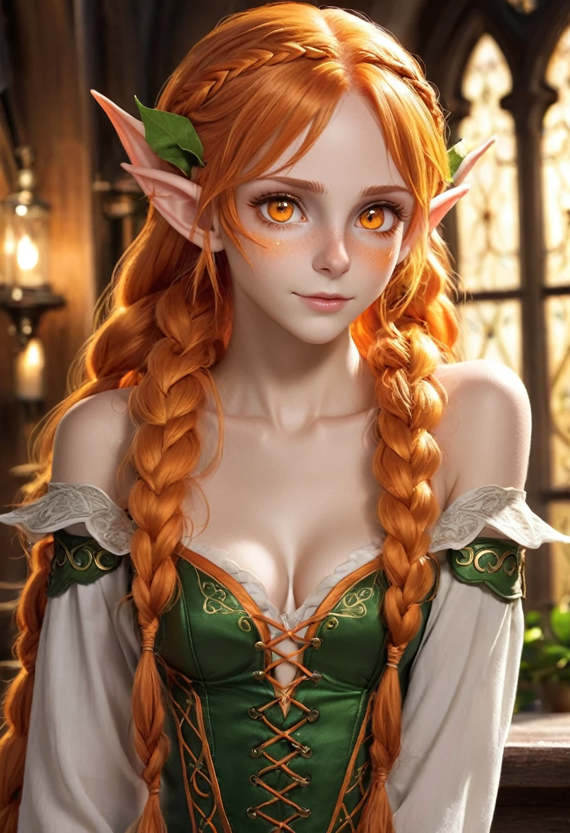 cute elf, ((anime elf  with extremely cute and beautiful orange hair)), (((elf))), (((elf ears))), (((flat chest))), ((((orange hair:1.35,messy orange hair, long hair, huge braids, colored inner hair)))),(((orange_eyes:1.3))) ,intricate eyes, beautiful detailed eyes,symmetrical eyes, (((lustrous skin:1.5,bright skin: 1.5,skin tanned,shiny skin,very shiny skin,illuminated skin))),(detailed body,(detailed face)), cute, slutty, erotic ,daring,(((nsfw))),
(dynamic pose:1.0),embarrassed,(centered,scale to fit dimensions,Rule of thirds),
inside,indoor,((cozy gothic room)),scenery:1.25,((intricate scenery))
