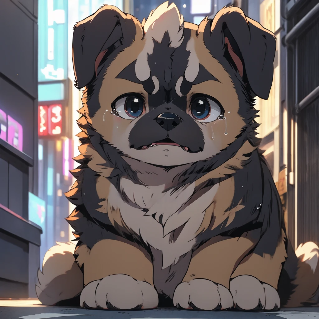 In the city、1 Pug puppy、(((Round black fur on forehead:1.3)))、(((Tears:3.0)))