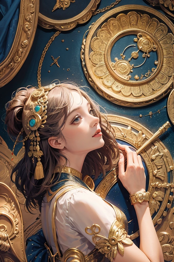 (masterpiece, top quality, best quality, official art, beautiful and aesthetic:1.2), (1girl), extreme detailed,colorful,highest detailed, official art, unity 8k wallpaper, ultra detailed, beautiful and aesthetic, beautiful, masterpiece, best quality, (zentangle, mandala, tangle, entangle) ,holy light,gold foil,gold leaf art,glitter drawing, PerfectNwsjMajic
