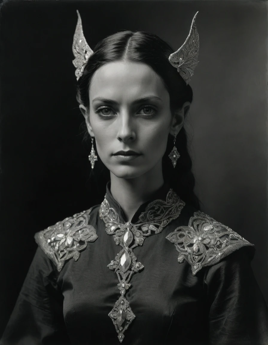 by Moebius Jean Giraud, by Théodore Géricault, ((((Rough monochrome, daguerreotype)))), a powerful (((high elf noblewoman, medium ears))), red eye pupils, bronze skin, tanned, dignified, sensual, facing viewer. She is wearing a black Byzantine caftan with Slavic elements, updo hairstyle, embroidered diamond shape symbology, moth symbology, sashes, diamond shape pendant.