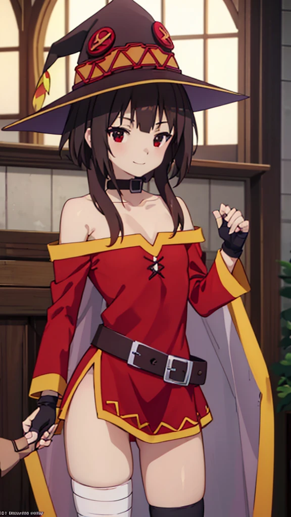 masterpiece, best quality, high resolution, best illustration, super fine illustration, (official art:0.8), (anime screencap:0.9), anime keyvisual, (perfect anatomy:1.1), 8k portrait, (detail focus fingers:1.2), detailed face, 
1girl,
Megumin \(konosuba\),
short hair with long locks,
brown hair, 
(red eyes:1.2), 
witch hat, black choker, black gloves, fingerless gloves,  
small breasts, 
off-shoulder dress, red dress, brown cape, long sleeves, single thighhigh, asymmetrical legwear, (bandaged leg:1.2), 
smile, 
looking at viewer, 
cowboy shot, 
natural light, background of indoor, 