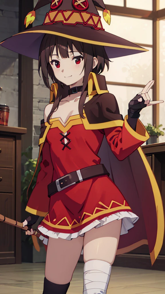 masterpiece, best quality, high resolution, best illustration, super fine illustration, (official art:0.8), (anime screencap:0.9), anime keyvisual, (perfect anatomy:1.1), 8k portrait, (detail focus fingers:1.2), detailed face, 
1girl,
Megumin \(konosuba\),
short hair with long locks,
brown hair, 
(red eyes:1.2), 
witch hat, black choker, black gloves, fingerless gloves,  
small breasts, 
off-shoulder dress, red dress, brown cape, long sleeves, single thighhigh, asymmetrical legwear, (bandaged leg:1.2), 
smile, 
looking at viewer, 
cowboy shot, 
natural light, background of indoor, 