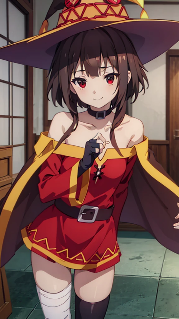 masterpiece, best quality, high resolution, best illustration, super fine illustration, (official art:0.8), (anime screencap:0.9), anime keyvisual, (perfect anatomy:1.1), 8k portrait, (detail focus fingers:1.2), detailed face,
1girl,
Megumin \(konosuba\),
short hair with long locks,
brown hair,
(red eyes:1.2),
witch hat, black choker, black gloves, fingerless gloves,
small breasts,
off-shoulder dress, red dress, brown cape, long sleeves, single thighhigh, asymmetrical legwear, (bandaged leg:1.2),
smile,
looking at viewer,
cowboy shot,
natural light, background of indoor,