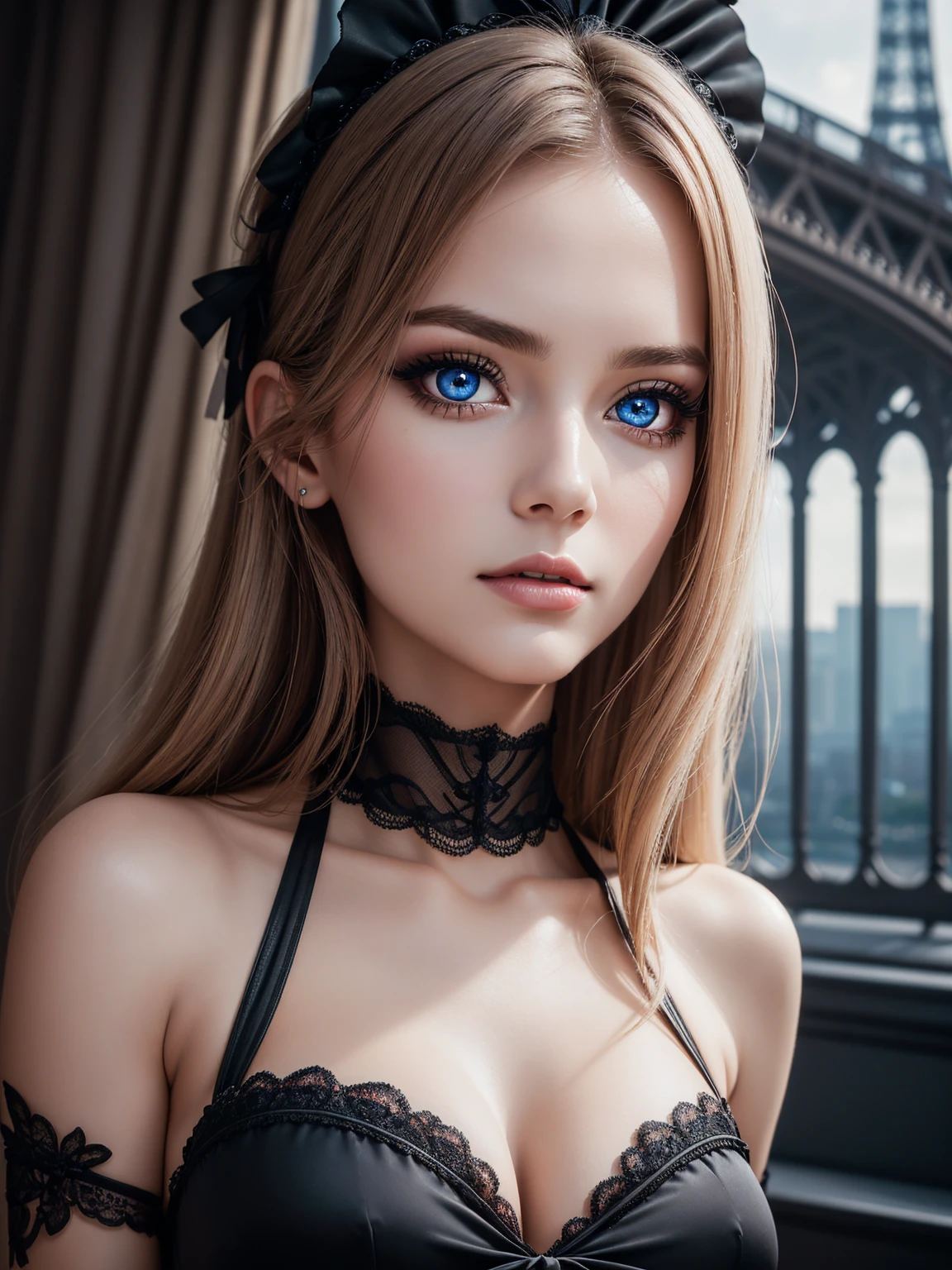 Anna Lorak, wearing sexy french maid clothes. Professional retouching, soft lighting, realistic, smooth face, Perfect eyes, Sharp focus on the eyes, 8 thousand., A high resolution, insanely detailed, difficult, elegant. with the Eiffel Tower in the background.