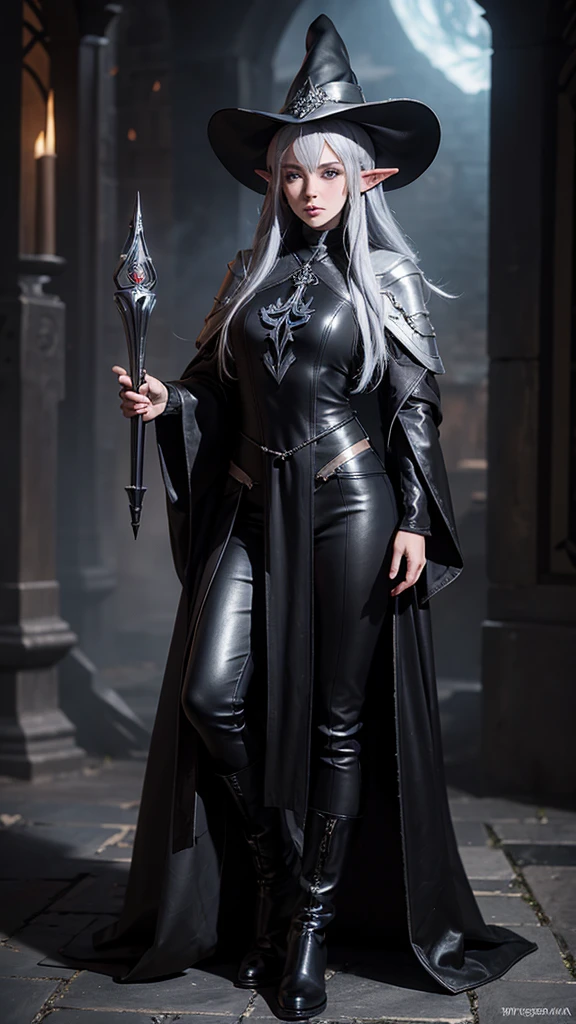 medieval setting, full view of body, 1 female elf mage,beatiful smokey eyes, silver hair, black mage robe with gambeson, wizard hat, black leather pants, leather boots
