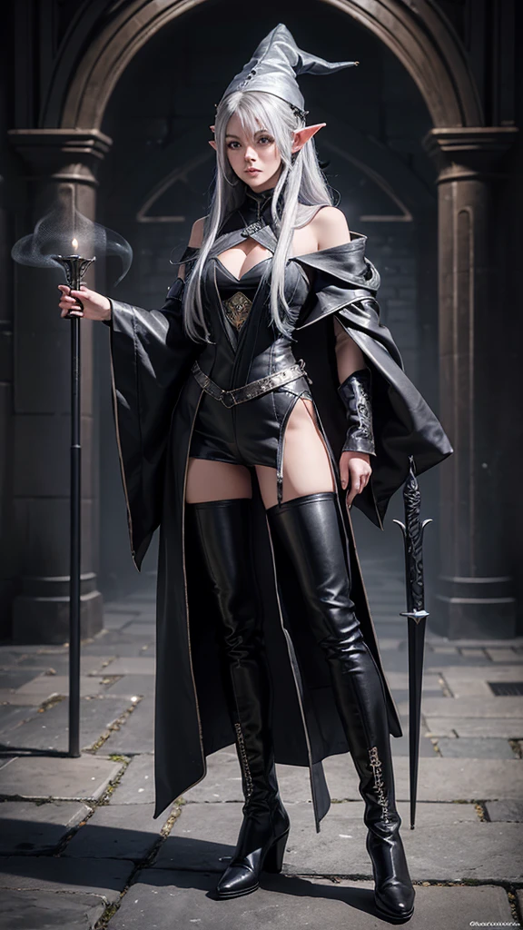 medieval setting, full view of body, 1 female elf mage,beatiful smokey eyes, silver hair, black mage robe with gambeson, wizard hat, black leather pants, leather boots