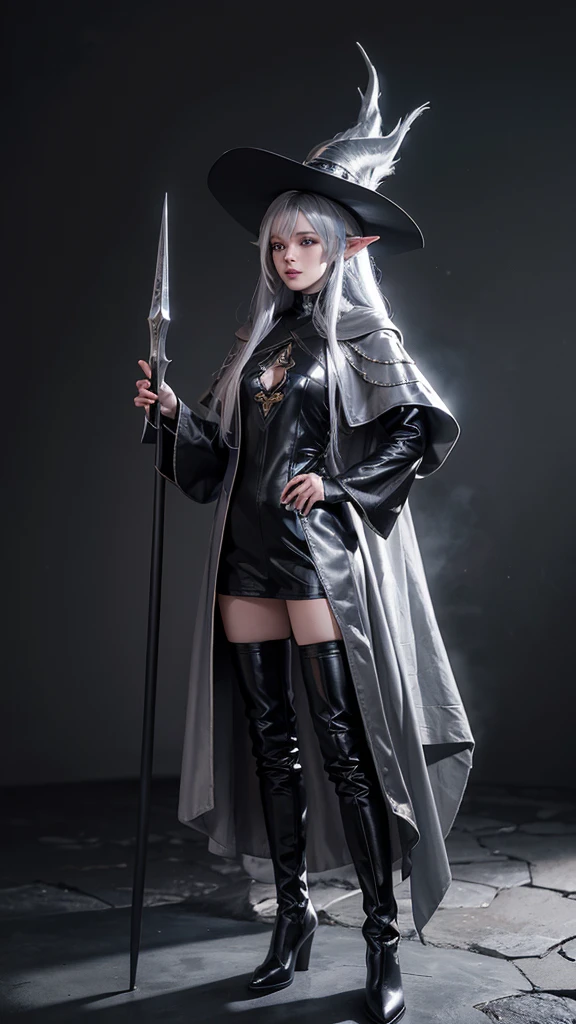 medieval setting, full view of body, 1 female elf mage,beatiful smokey eyes, silver hair, black mage robe with gambeson, wizard hat, black leather pants, leather boots