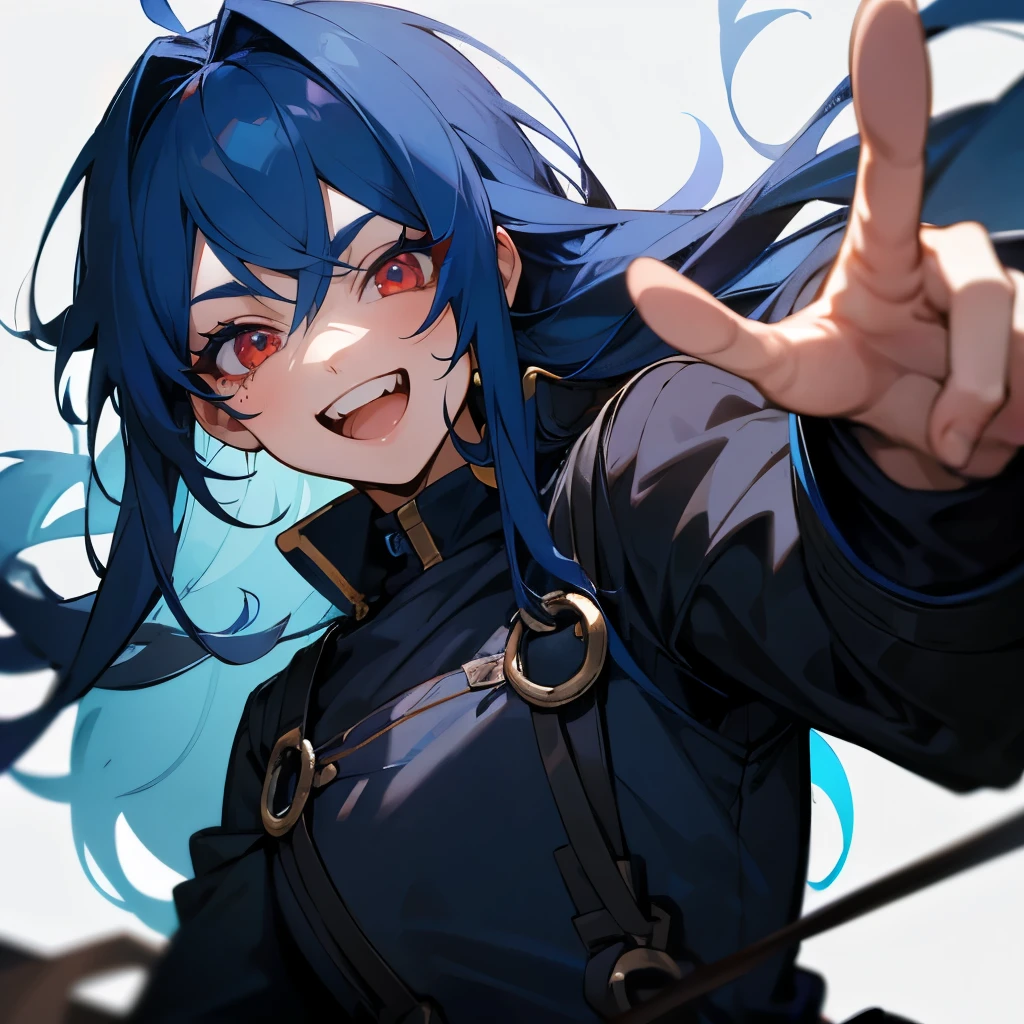 masterpiece,Quality k,A cute boy,Long Blue Hair,Red eyes, upper body, Blue eyelashes,Black long sleeve shirt,Black trousers,Fleece Collar,Blue Boots,Stand upright.,,Grin,Mouth open,Teeth are visible,real,