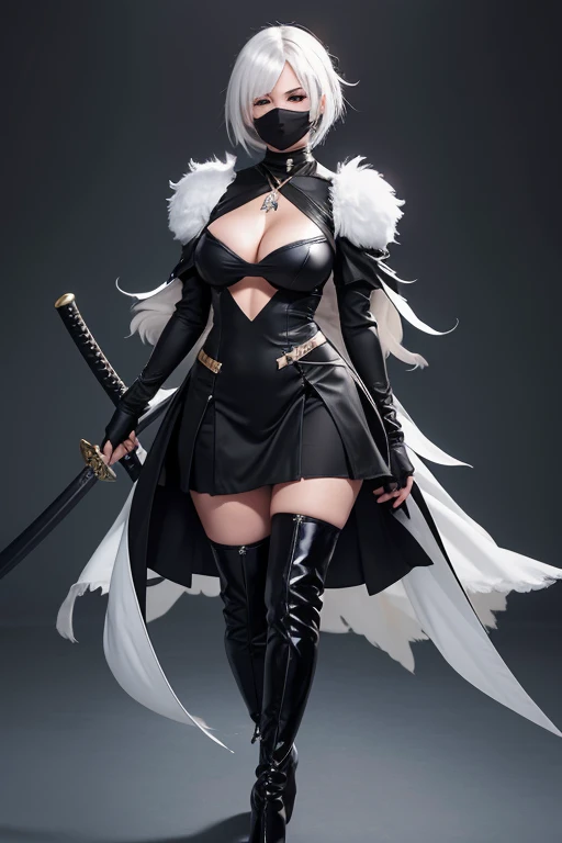 2b, 1 girl, standing alone, shorth hair, thicc thighs, mitts, long sleeves, don, containment, neckleace, medium breasts, standing, whole body, missiles, White hair, hair elastic, puff sleeves, elsword, black thicc thighs, black shoes, containment missiles, Wart, Kale , high-heels, skintight, clothing cutout, thigh boots, containment elsword, neckleace cutout, katana, black hair elastic, juliet sleeves, Wart under mouth, front viewer, botas de high-heels, blindfolded, covered eyes, black blindfolded, sleeves with feathers, work of art, 