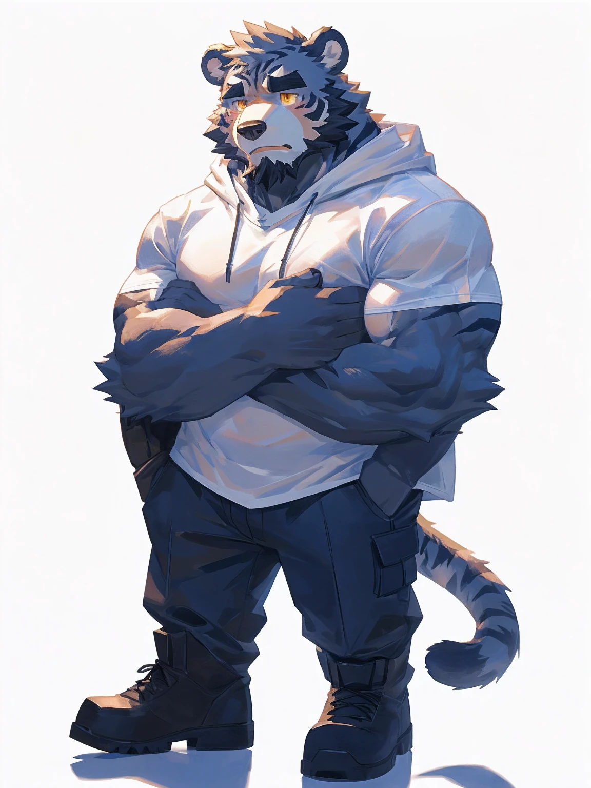 (masterpiece:1.2), best quality,pixiv,official art,perfect anatomy, (Ray tracing, light),solo, (1_male:1.3) , (muscle), (grey fur:1.4), (muscle bear), (beard:1.2), (gleaming golden eyes), bear tail, Thick eyebrows, open hoodie, (white t-shirt inside:1.2), cargo pants , boots, (pure white background: 1.3),hug a tiger spirit ，crying , sad