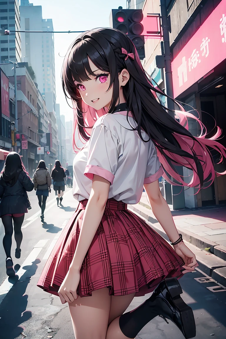 ((1 Girl)), Latest Trends in Clothing, Red Check Skirt, Black clothes ,pantyhose,(( Jump with both feet together)), Street fashion,Cowboy Shot,((Very detailed,Highest quality, High resolution, 8k wallpaper, Beautiful clothes,)),((Black Hair, Long Hair,Straight hair,Both sides up)), (teeth), Grinning face, eye shadow, eyeliner,Glowing Eyes, Very detailed目, Clear Eyes, Beautiful Eyes, ((Glowing pink eyes)), 15-year-old girl.