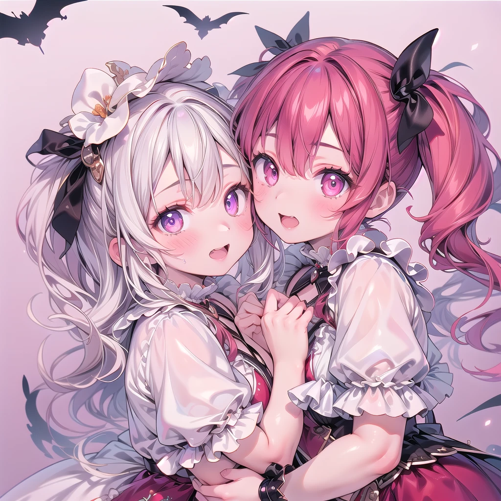 (masterpiece:1.2), best quality, high resolution, extremely detailed CG, absurdres, highres, 2girls, two girls hugs together , frills, kawaii, happy, dreamland, details background,good hands, best hands