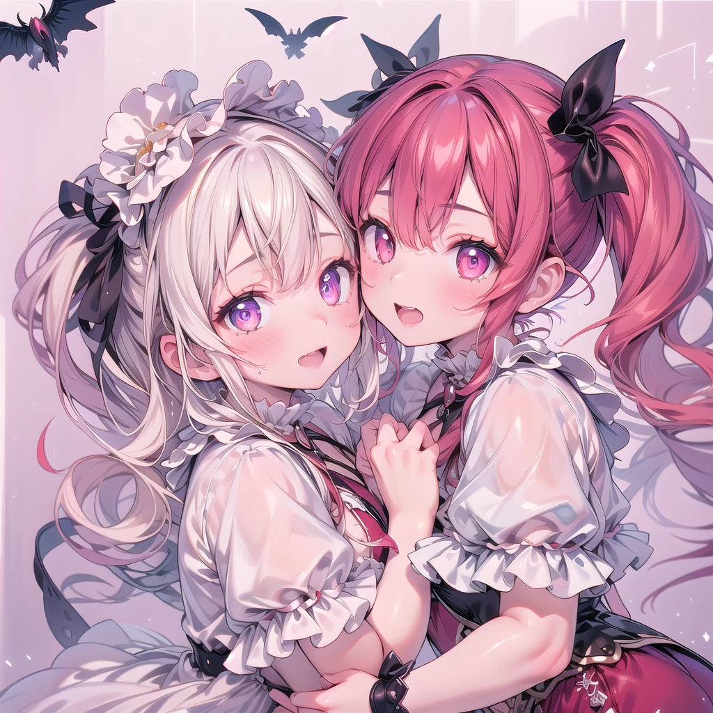 (masterpiece:1.2), best quality, high resolution, extremely detailed CG, absurdres, highres, 2girls, two girls hugs together , frills, kawaii, happy, dreamland, details background,good hands, best hands